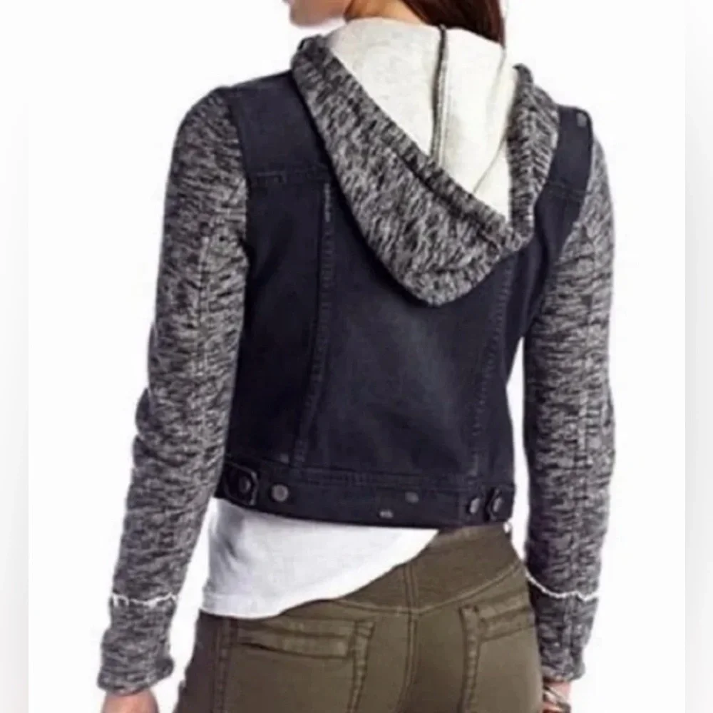 Free People Distressed Black Denim Jacket with Grey Knit Sleeves & Hood in XS